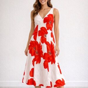 Paper Heart Red Floral Linen Blend Midi Dress NWT Size S